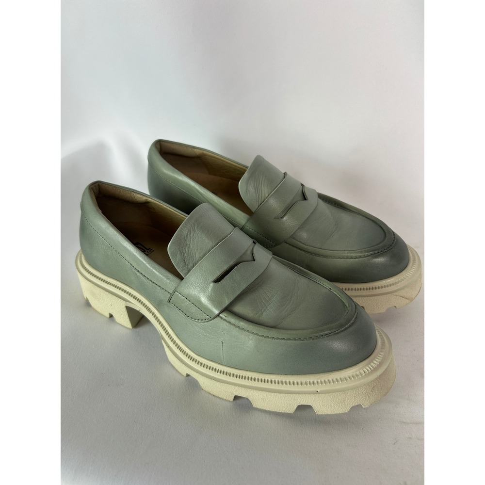Miz Mooz Torin Sage Green Leather Chunky Lug Sole Penny Loafers 38 /7.5